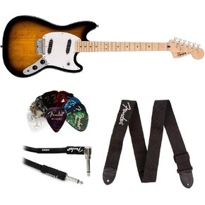 Fender Squire Laurel Fingerboard Bundle with Classic Celluloid Guitar Picks, 12-Pack, Professional Instrument Cable (10ft) and Logo Guitar Strap. (California Blue, Laurel Fingerboard)
