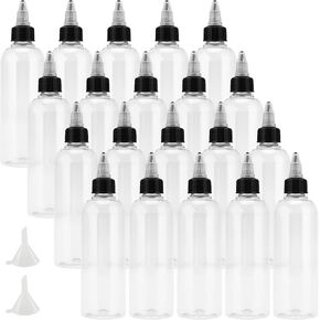20 Pack 4oz Clear Dispensing Bottles, Plastic Squeeze Bottles with Twist Top Caps and Funnels, Empty Boston Squeeze Bottles for Condiments, Paint Pouring, Arts and Crafts