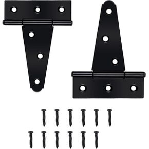 Black T-Strap Shed Door Hinges Heavy Duty, Barn Door Hinges with Screws, Tee Hinges for Wooden Fences, Yard, Patio Door, Wrought Hardware Iron Rustproof (4 Inch, 2 Pack/Set)
