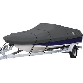 Classic Accessories StormPro Dark Grey Heavy-Duty Deck Boat Cover, Fits boats 20-22' L x 106" W, Marine Grade Fabric, Water-Resistant, Fits V-Hull Runabouts OutBoards and I/O, Trailerable