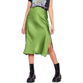 Womens Satin Silk High Waist Slit Midi Skirt Elastic Waistband Midi Skirts for Women in Kuwait