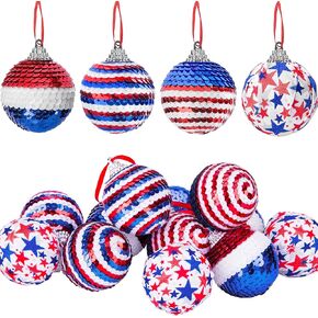 12 Pieces Independence Day Hanging Ball - 2 Inch Memorial Day Sequin Hanging Ball Ornament - 4th of July Red White Blue Tree Decorations for Memorial Day Veterans Patriotic USA Themed Party Supplies