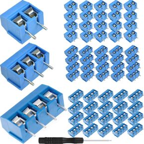 KF301 PCB Terminal Block 5mm Pitch 2P 3P 4P Mount Screw Connector Blue (20 x 2Pin, 20 x 3Pin, 20 x 4Pin) for Breadboard with Phillips Screwdriver