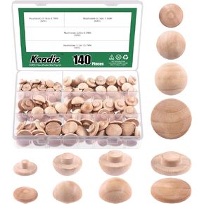 Keadic 140Pcs 4 Sizes Wooden Hole Plugs Assortment Set, 3/16" 5/16" 3/8" 1/2" Wood Button Plugs Vivid Style Hardwood Hole Plugs Screw Holes Cover for Table Wooden Chair Cabinet Furniture