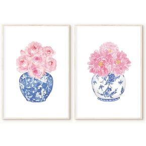 Pink Floral Watercolor Art Blue and White Vase Wall Art Chinoiserie Art Print Flower in Vase Wall Art Watercolor Peonies Print Pink Rose Painting Pink Flower Wall Prints for Bedroom 16x24inx2 No Frame