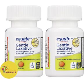 Equate Bisacodyl Gentle Laxative Tablets for Adult Constipation, 5 mg, 100 Count - Total Bisacodyl 5 mg (Pack of 02) 200 Tablets + CreateAndBundle Sticker