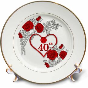 3dRose Red Heart and Roses 40Th Ruby Anniversary for Wedding Or Business Porcelain Plate, 8"