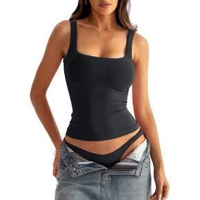 Eachyes Women Seamless Square Neck Tank Tops Backless Built in Bra Sleeveless Fitted Shirts