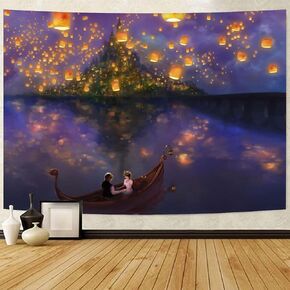 Night Sky Castle Tapestry Cartoon Castle Lantern Fuzzy Wall Hanging Wedding Reception Dining area Background tapestry for Bedroom Living Room Decor 50x60 Inch