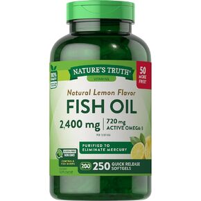 Nature's Truth Burpless Fish Oil 2400mg | 250 Softgels | 720 mg Omega 3 | Natural Lemon Flavor Pills | Non-GMO & Gluten Free Supplement