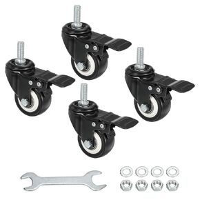 uxcell 2 Inch Swivel Threaded Stem Casters 3/8"-16UNC Thread PU Caster Wheel with Brake 110lbs Load for Furniture Carts, Black 4pcs