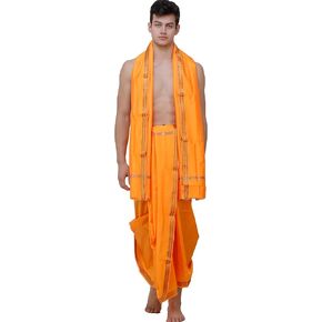 Dhoti and Angavastram Set with Golden Woven Paisley on Border in Kuwait