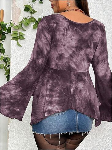 Floerns Women's Plus Size Tie Dye Long Sleeve Asymmetrical Hem Sweetheart Neck Tee Top in Saudi Arabia