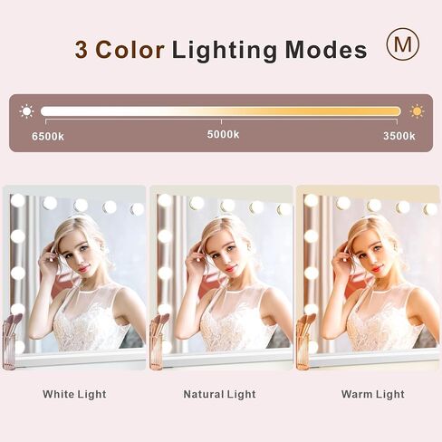 Vanity Mirror with Lights, Hollywood Lighted Makeup Mirror with 15 Dimmable Led Bulbs, 3 Color Lighting Modes, USB Charging Port Touch Control 10x Magnification 22.2 × 17.3 inch in Saudi Arabia