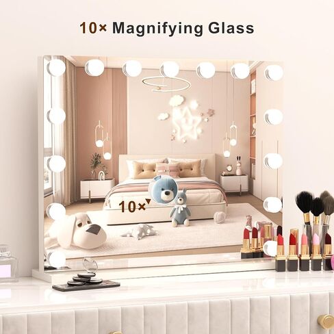 Vanity Mirror with Lights, Hollywood Lighted Makeup Mirror with 15 Dimmable Led Bulbs, 3 Color Lighting Modes, USB Charging Port Touch Control 10x Magnification 22.2 × 17.3 inch in Saudi Arabia