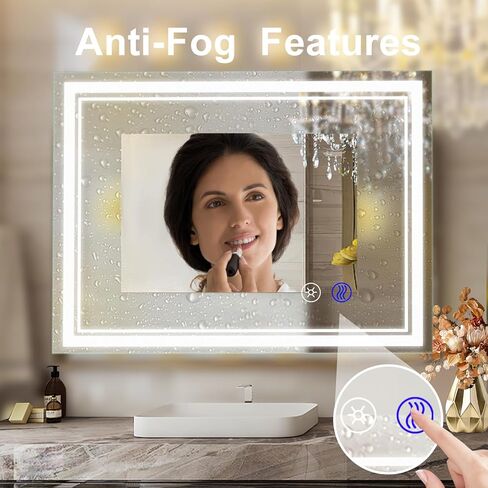 مرآة حمام LED من SaniteModar، مرآة حمام مقاس 36 × 28 بوصة مع أضواء، قابلة للتعتيم 3 ألوان أكثر سطوعًا، مرآة زينة مثبتة على الحائط مضادة للضباب مع لمسة أفقية/عمودية... in Kuwait
