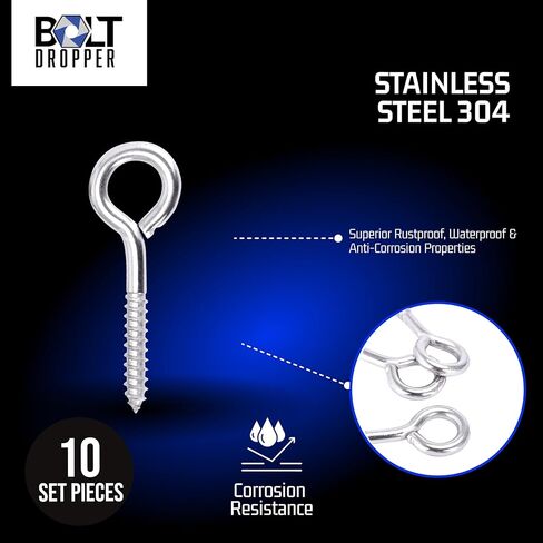 قطارة بولت - خطافات عين لولبية مقاومة للصدأ مقاس 3/8 بوصة × 2.5 بوصة - 10 عبوات - براغي خطافات عين شديدة التحمل - 18-8 (304) من الفولاذ المقاوم للصدأ للاستخدام الداخلي/الخارجي - الطول الإجمالي 4 بوصات in Kuwait