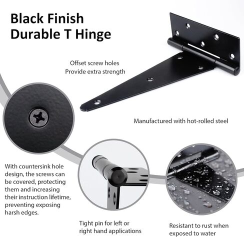 Black T-Strap Shed Door Hinges Heavy Duty, Barn Door Hinges with Screws, Tee Hinges for Wooden Fences, Yard, Patio Door, Wrought Hardware Iron Rustproof (4 Inch, 2 Pack/Set) in Saudi Arabia