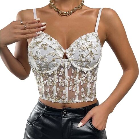 Aularso Women's Floral Lace Corset Top Strap Sleeveless Slim Fit Crop Top Open Back Boned Mesh V Neck Top Party Corset Top in Kuwait