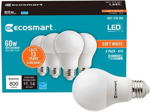 EcoSmart 60W مكافئة للضوء الأبيض الناعم A19 Energy Star ومصباح LED قابل للتعتيم (4 عبوات) in Kuwait