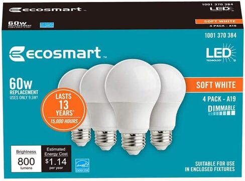 EcoSmart 60W مكافئة للضوء الأبيض الناعم A19 Energy Star ومصباح LED قابل للتعتيم (4 عبوات) in Kuwait