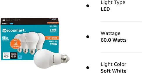 EcoSmart 60W مكافئة للضوء الأبيض الناعم A19 Energy Star ومصباح LED قابل للتعتيم (4 عبوات) in Kuwait