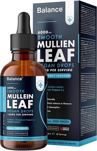 Balance Mullein Leaf Liquid Drops - 60ml 2 Month Supply 6000mg per Bottle - Sublingual Fast Absorption - GMO Free - Premium Quality - Made in UK in Saudi Arabia