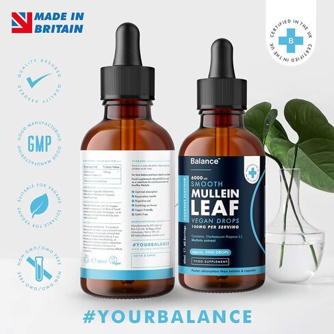 Balance Mullein Leaf Liquid Drops - 60ml 2 Month Supply 6000mg per Bottle - Sublingual Fast Absorption - GMO Free - Premium Quality - Made in UK in Saudi Arabia