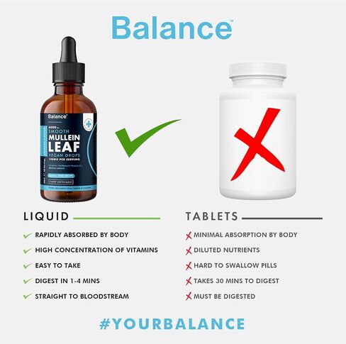 Balance Mullein Leaf Liquid Drops - 60ml 2 Month Supply 6000mg per Bottle - Sublingual Fast Absorption - GMO Free - Premium Quality - Made in UK in Saudi Arabia