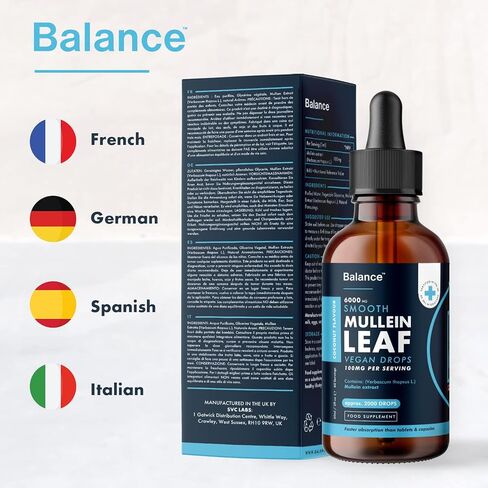 Balance Mullein Leaf Liquid Drops - 60ml 2 Month Supply 6000mg per Bottle - Sublingual Fast Absorption - GMO Free - Premium Quality - Made in UK in Saudi Arabia