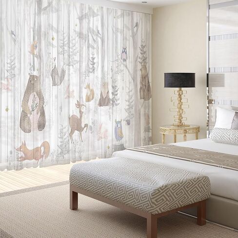 لطيف الدب الستائر شير 84 بوصة طول 2 لوحات المائية الغزلان البومة قضيب جيب نافذة الستار الكرتون الغابات الحيوانات البرية المطبوعة الشيفون الستائر لغرفة النوم غرفة المعيشة in Kuwait