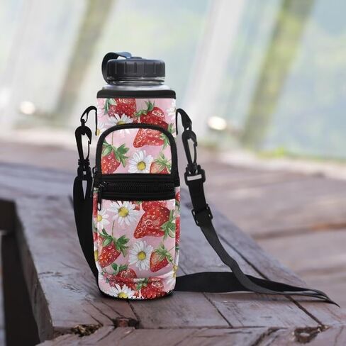 Kuiaobaty Strawberries Water Bottle Sleeve Sweet Water Bottle Pouch for Tumbler Waterproof Water Bottle Sling Bag Kids Insulated Water Bottle Holder with Adjustable Strap Gift for Students in Saudi Arabia