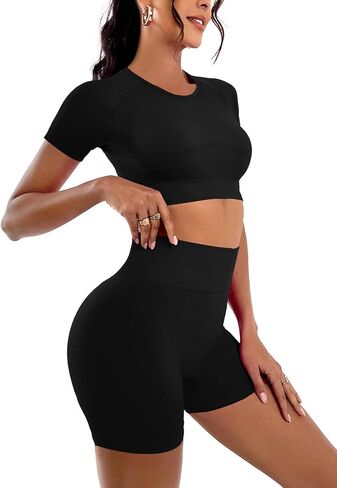 LYANER Women's 2 Pieces Workout Outfits Short Sleeve Crop Top and High Waist Bodycon Leggings Shorts Yoga Sets in Saudi Arabia