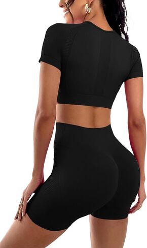 LYANER Women's 2 Pieces Workout Outfits Short Sleeve Crop Top and High Waist Bodycon Leggings Shorts Yoga Sets in Saudi Arabia