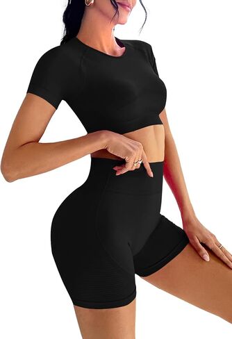 LYANER Women's 2 Pieces Workout Outfits Short Sleeve Crop Top and High Waist Bodycon Leggings Shorts Yoga Sets in Saudi Arabia