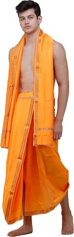 Dhoti and Angavastram Set with Golden Woven Paisley on Border in Kuwait