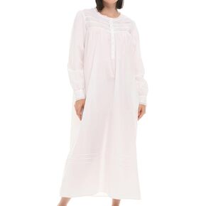 Alexander Del Rossa Women Cotton Victorian Nightgown Pocket, Long Sleeve Lace Trim Button Up Long Vintage Night Dress Gown