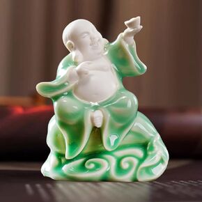 Houlu Small Green Fat Laughing Buddha Statue for Good Luck, Ceramic Lucky Happy Buddha Statue for Home Décor
