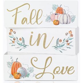 Whaline Fall in Love Wooden Blocks Signs Fall Tiered Tray Decor Mini Tabletop Shelf Sitter Signs Farmhouse Autumn Wooden Home Decor for Fall Bridal Shower Wedding Party Decoration Supplies (3Pcs)