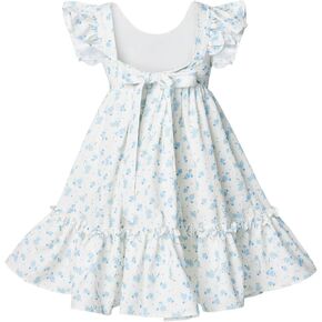 Girls Tie Back Party Dress Ruffle Sleeve Special Occasions Summer Floral Dresses Size 3-9 Y