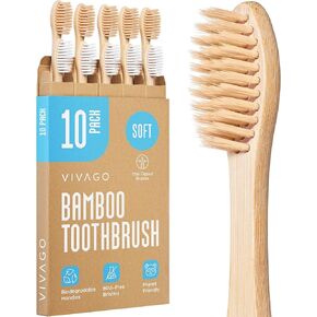 Bamboo Toothbrushes 10 Pack - BPA Free Soft Bristles Toothbrushes for Adults, Eco-Friendly, Biodegradable & Compostable Natural Wooden Toothbrush