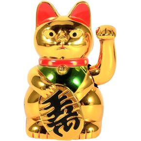 Lucky Cat, Lucky Cat Waving Arm, Waving Cat, Large Gold Cute Cat with Waving Hand Up for Welcoming Fortune Luck Wealth Prosperity Feng Shui in Home Display Car Decoration 5Inch