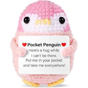 Funny Positive Penguin Doll, 2.6 Inch Cute Pocket Penguin Hug Knitted Toy Crochet with Card Emotional Support Inspirational Encouragement Potato for Family Friend Home Life Gift Decor (Pink)