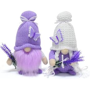 2 Pcs Lavender Gnomes Plush Decorations Handmade Lavender Butterfly Gnome Tomte Purple White Spring Summer Ornaments for Farmhouse Home Tiered Tray