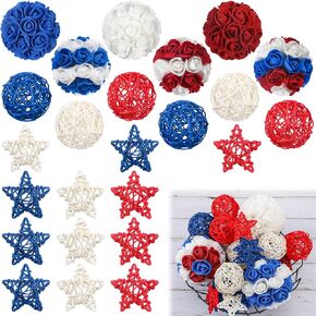24 Pcs 4th of July Decor Balls Include 6 Red White Blue Flower Balls 6 Independence Day Natural Rattan Balls 12 Patriotic Star Shaped Wicker Ball for DIY Vase Bowl Filler Ornament Table Decor