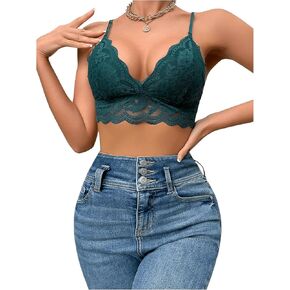 SOLY HUX Women's Floral Lace Scallop Trim Bralette Wireless Bra Adjustable Strap Crop Cami Tops