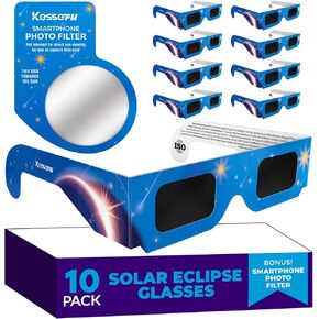 Solar Eclipse Glasses Approved 2024, (10 Pack) CE and ISO Certified Solar Eclipse Observation Glasses, Safe Shades for Direct Sun Viewing, Bonus Smartphone Photo Filter Lens, Blue Stars Design