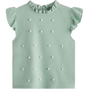 OYOANGLE Girl's Summer Ruffle Cap Sleeve Pearls Keyhole Back Blouse Tops Shirt