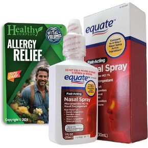 Equate Fast-Acting Nasal Spray Phenylephrine HCL 1% Decongestant and Vital Volumes Allergy Tips Card | Bundle