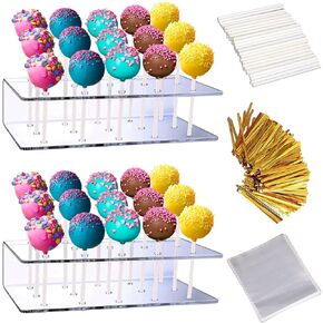 2PCS Cake Pop Display Stand with 300 PCS Cake Pop Sticks and Wrappers Kit, 15 Hole Clear Acrylic Lollipop Holder for Weddings Birthday Parties Christmas Halloween Candy Decorative